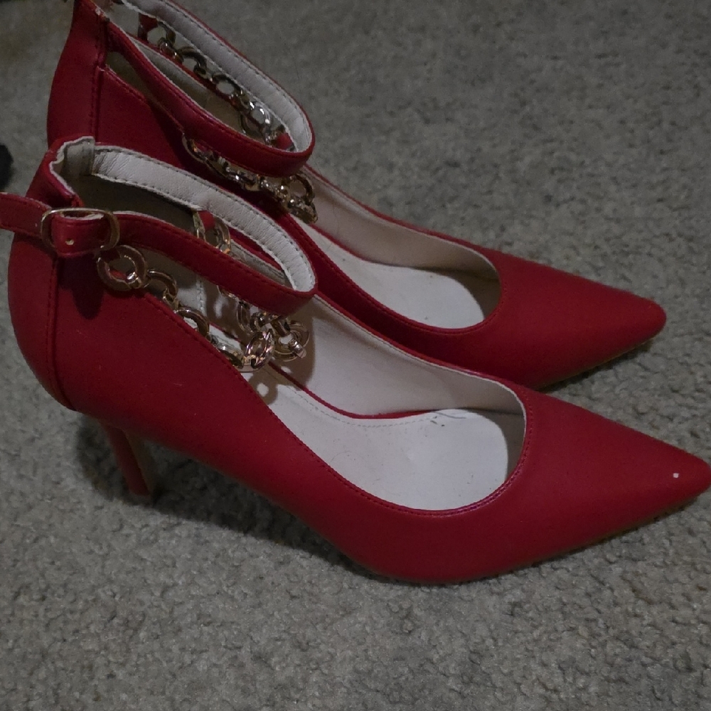 Red Pointed-Toe Ankle Strap Pumps with Gold Chain Accent